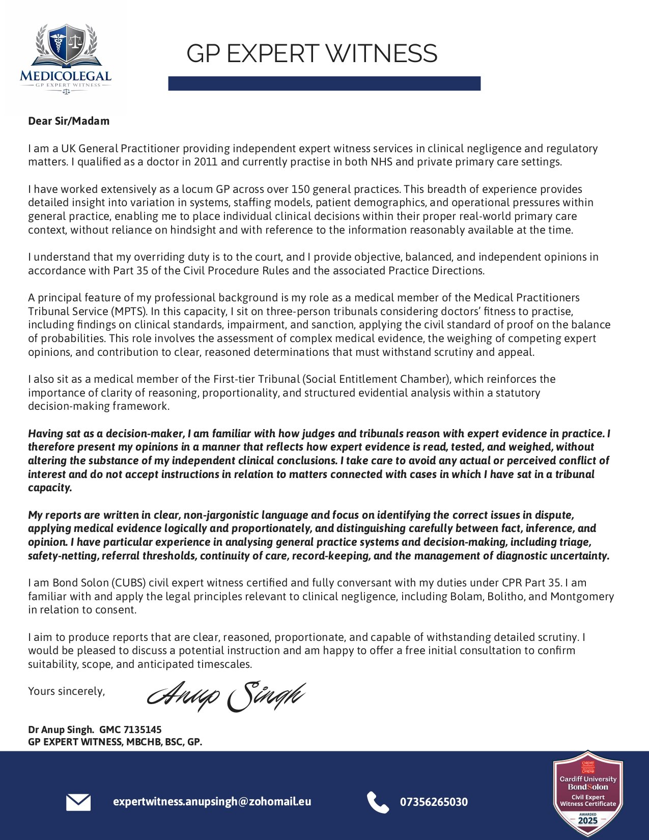 Letter to Solicitors GP Expert Witness